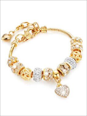 Gold Beads Rhinestone Heart Charm Bangle Bracelet Adjustable for Women